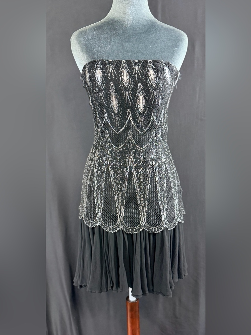 VTG Oleg C silk dress cocktail Elegant Black Beaded Evening Dress strapless 80’s